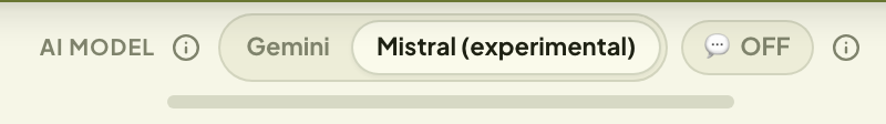 The AI model selector in Vibemaster 2.0: Gemini or Mistral (experimental)